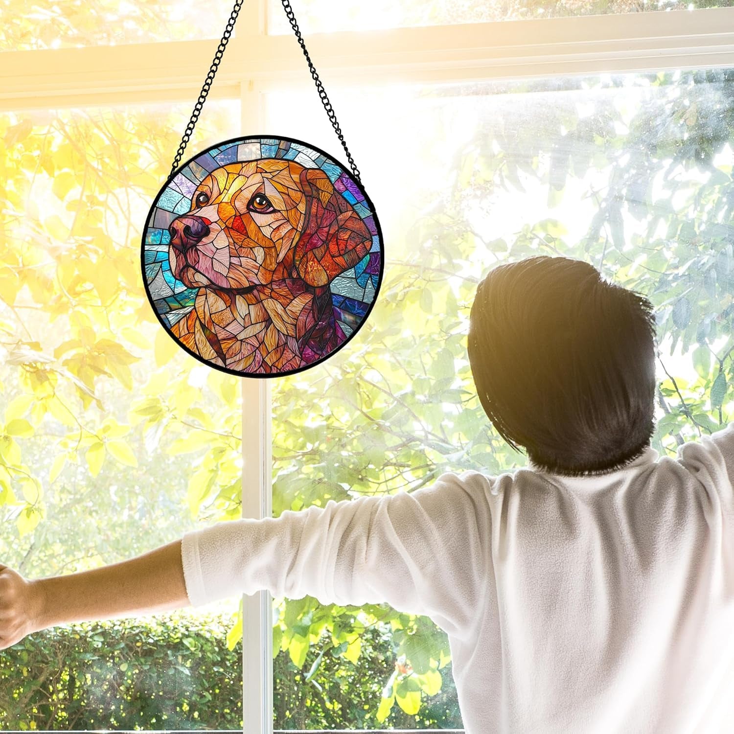 Stained Glass Dog Suncatcher – Colorful Abstract Window Hanging, Decorative Glass Panel Gift 6.3 In