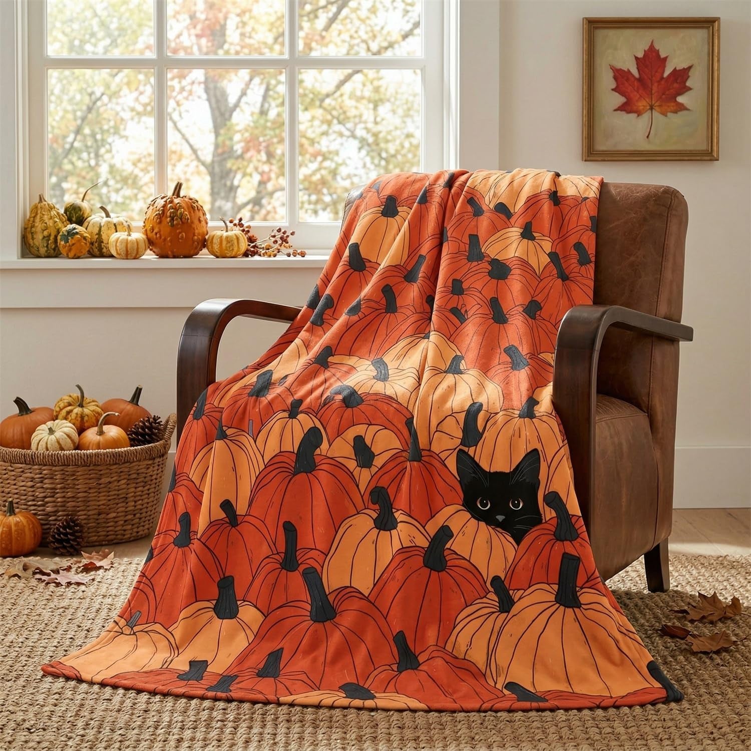 Fall Pumpkin Cat Throw Blanket – Ultra Soft Plush Flannel Fleece Blanket