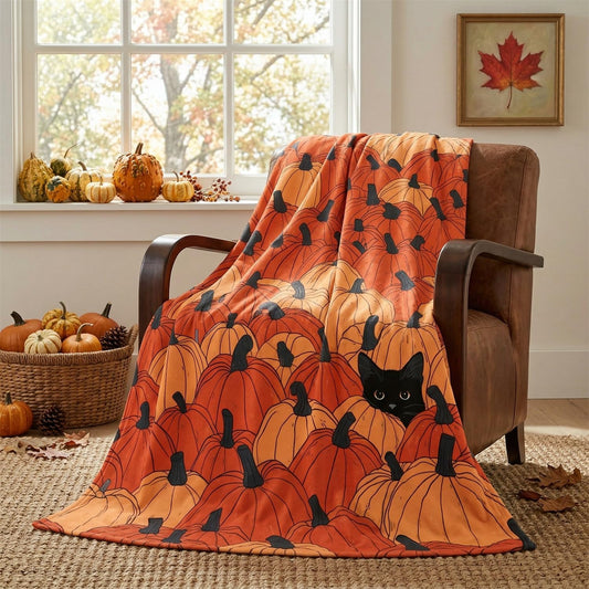 Fall Pumpkin Cat Throw Blanket – Ultra Soft Plush Flannel Fleece Blanket