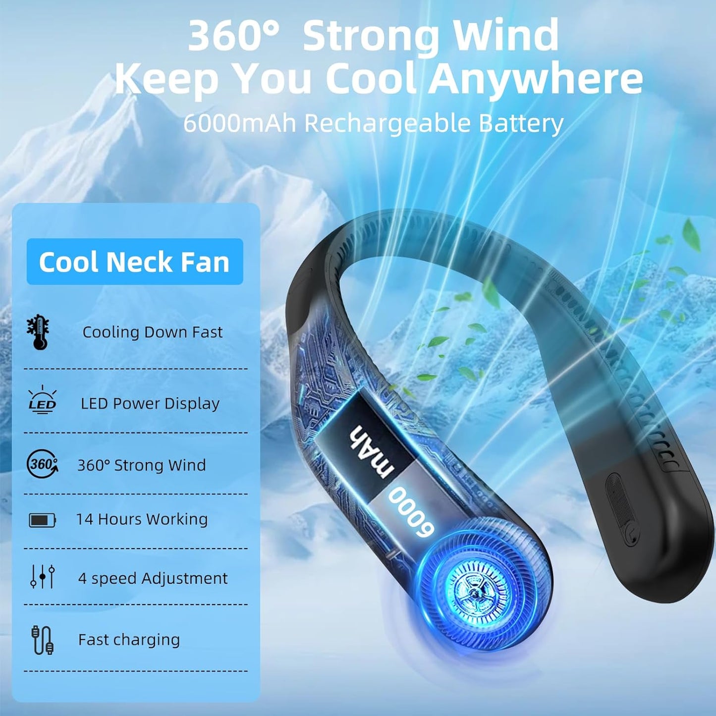 Portable Neck Fan, Personal Wearable Bladeless Fan, 6000Mah USB Rechargeable, 360° Cooling, LED Display, 4-Speeds, Hands Free Fan for Outdoor Indoor, Birthday Gifts for Men Women Dad Mom (Black)