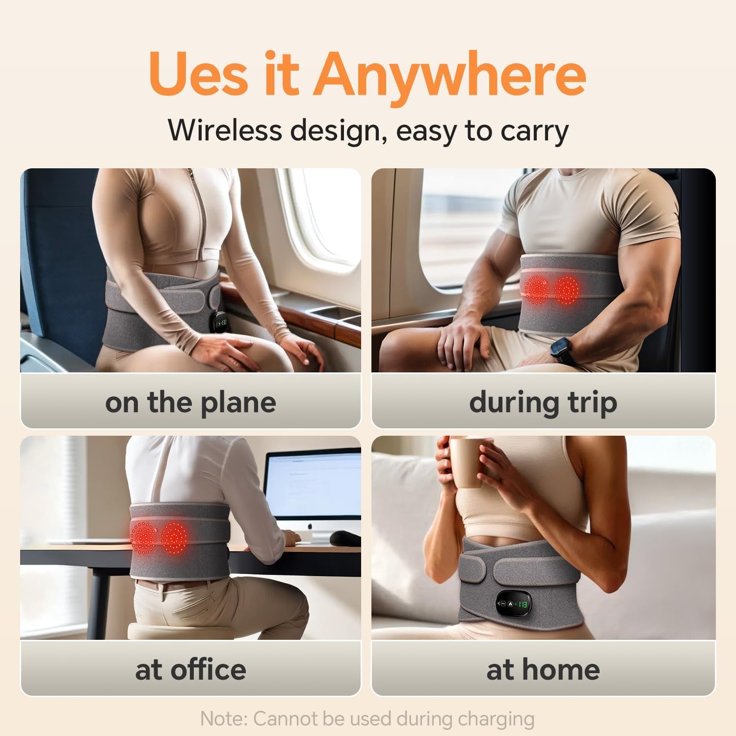 Cordless Heating Pad for Back & Waist – Rechargeable Heating Belt with Heat & Vibration