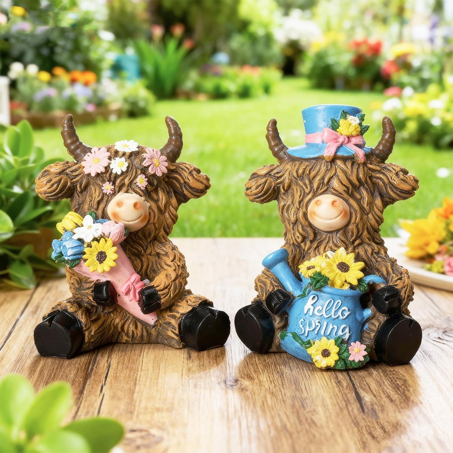 2 Pack Spring Highland Cow Resin Figurine Spring Bathroom Highland Cow Gnomes with Flower Starfish Resin Statue for Garden Table Shelf Home Decor Calf Gnome Herd Gifts
