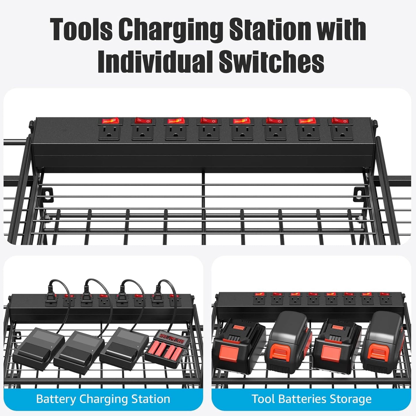 CCCEI Wall Mounted Power Tool Organizer – Heavy-Duty Garage Storage Rack with Charging Station, Power Strip with Individual Switches, Drill and Battery Holder Shelf
