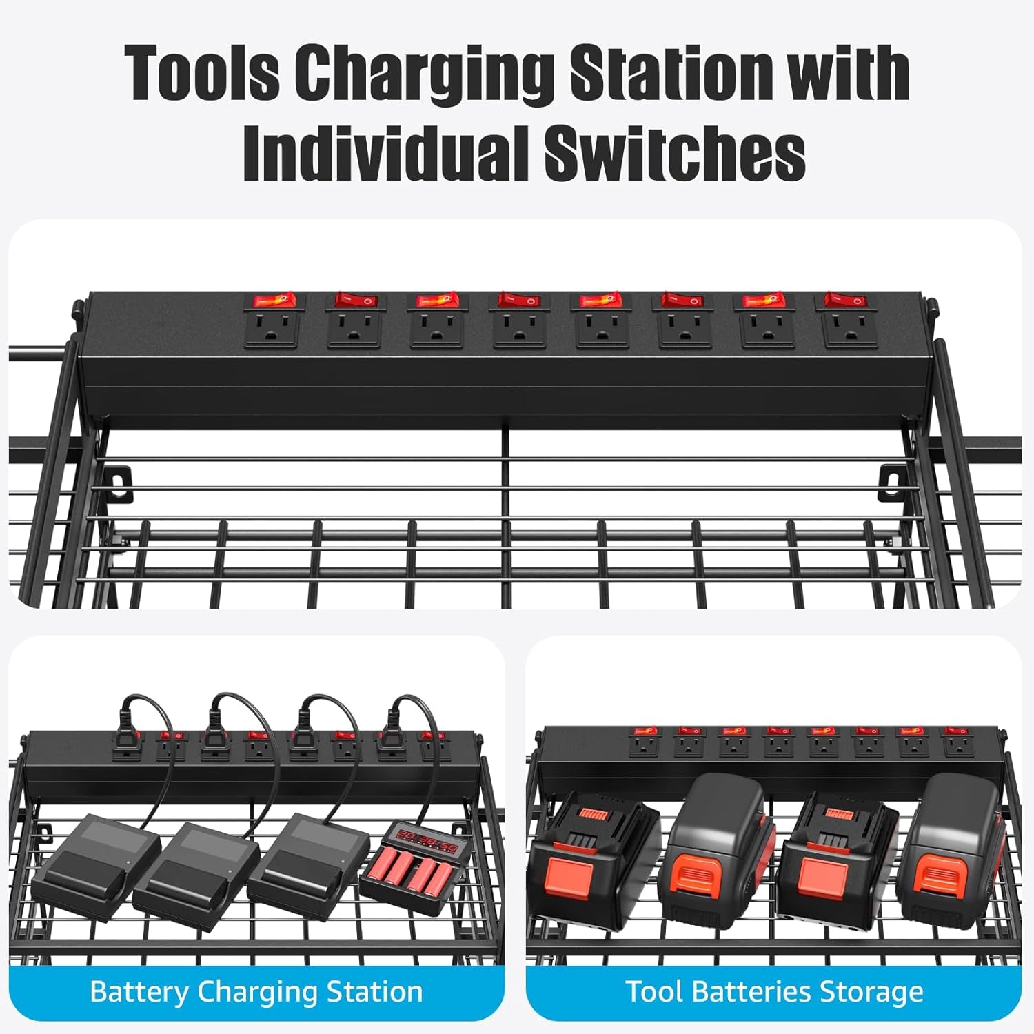 CCCEI Wall Mounted Power Tool Organizer – Heavy-Duty Garage Storage Rack with Charging Station, Power Strip with Individual Switches, Drill and Battery Holder Shelf