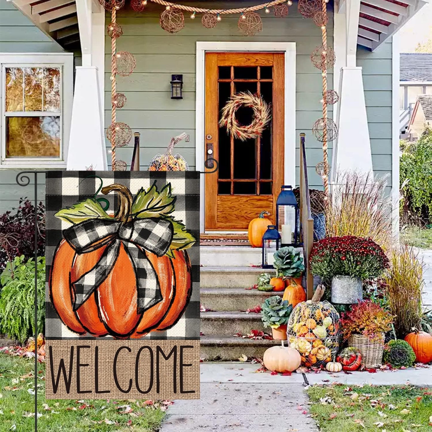 Fall Pumpkin Welcome Garden Flag – 12 x 18 Inch Double-Sided Buffalo Plaid