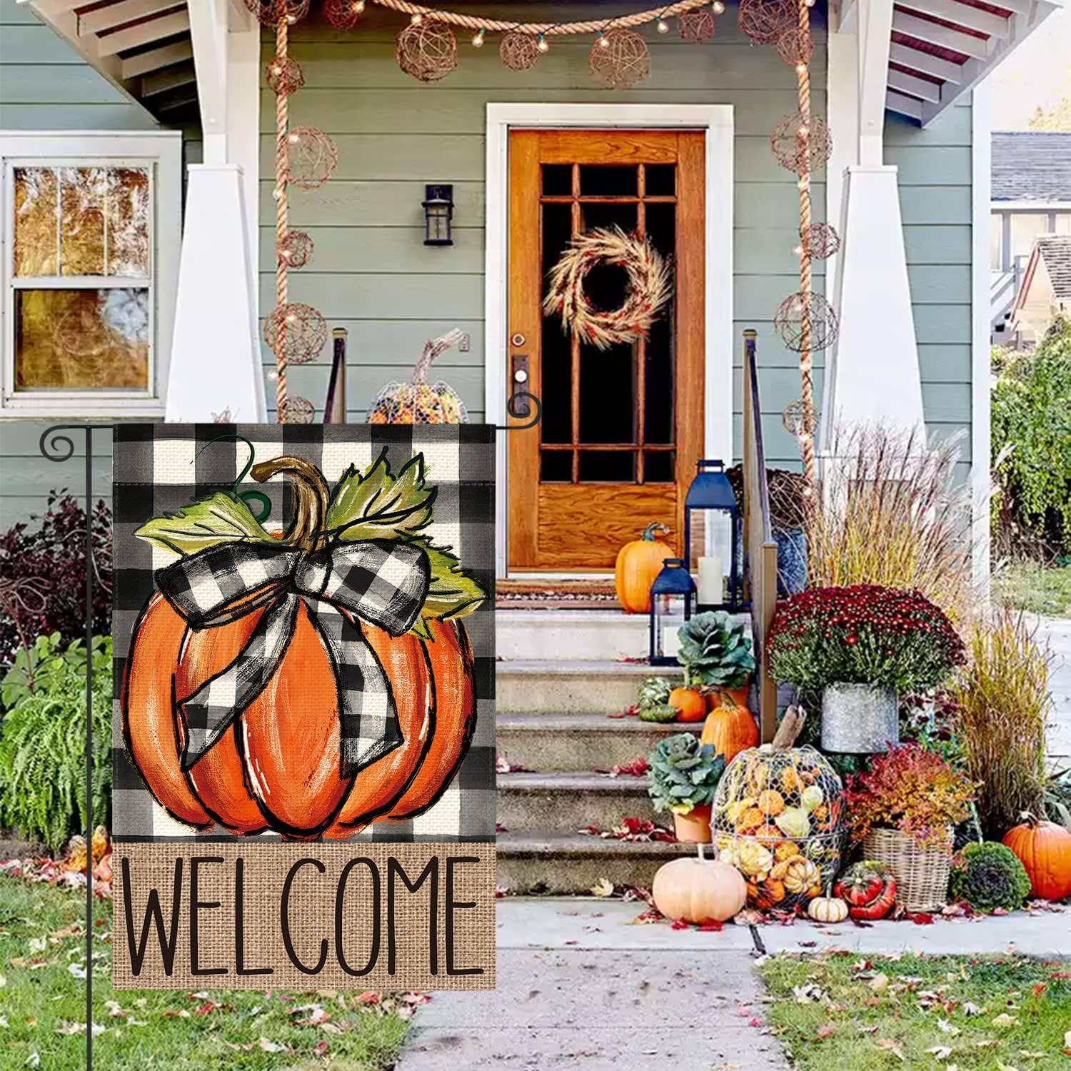 Fall Pumpkin Welcome Garden Flag – 12 x 18 Inch Double-Sided Buffalo Plaid