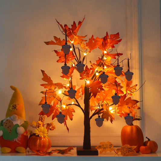 2FT Lighted Fall Maple Leaf Tree – 24 LED Battery-Operated Autumn Tabletop Decoration
