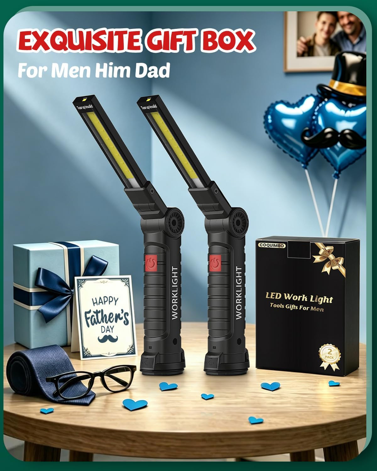 Rechargeable LED Work Light 2-Pack – Magnetic Base and Hook, 360° Rotating Mechanic Flashlight for Garage, BBQ, Automotive and Emergency Use – Gift for Men, Dad, Husband