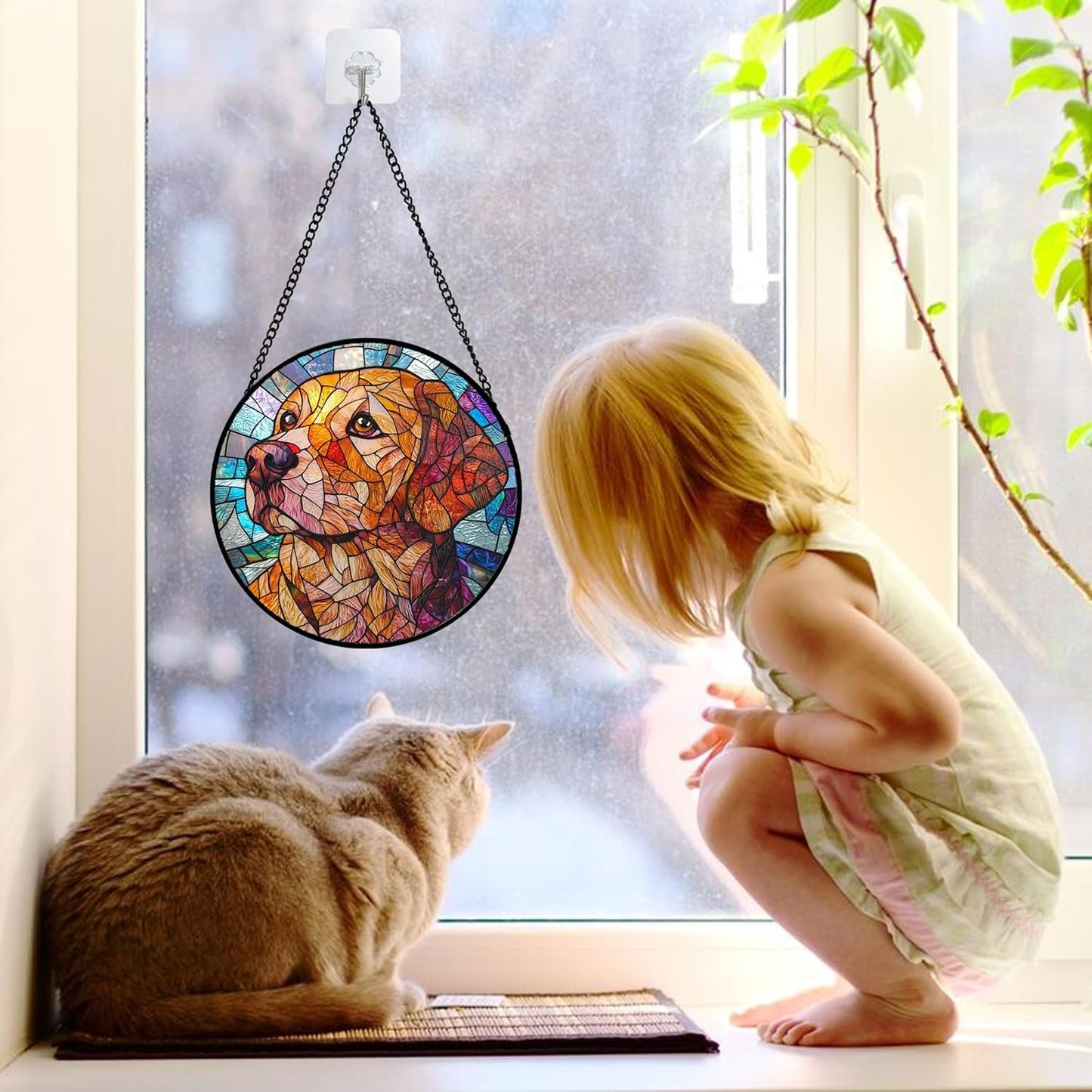 Stained Glass Dog Suncatcher – Colorful Abstract Window Hanging, Decorative Glass Panel Gift 6.3 In