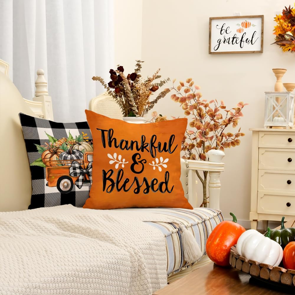 Fall Decorative Pillow Covers Set of 4 – Pumpkin, Thankful & Blessed