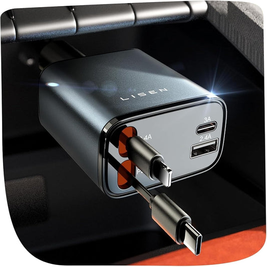 Retractable Car Charger 84W – USB-C Fast Charging Adapter with Retractable Cable, Dual Port Car Accessories for iPhone 17/16/15/14/13/12/11