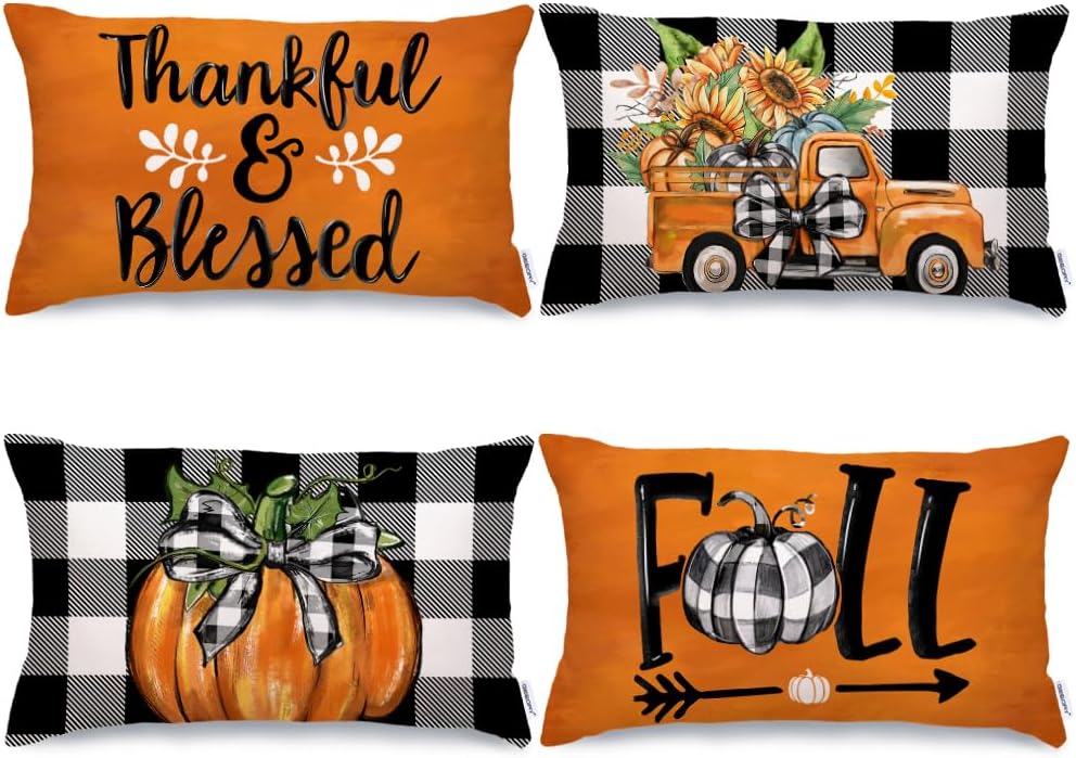 Fall Decorative Pillow Covers Set of 4 – Pumpkin, Thankful & Blessed