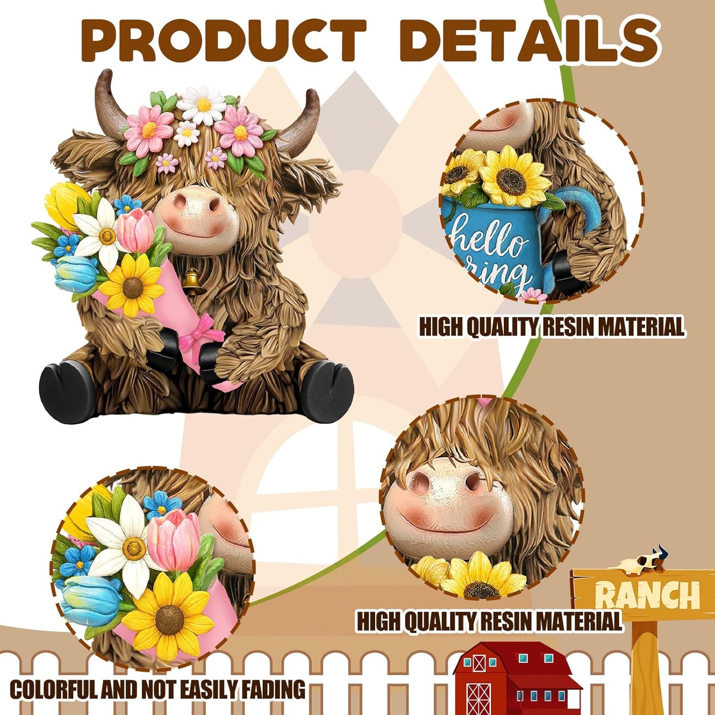 2 Pack Spring Highland Cow Resin Figurine Spring Bathroom Highland Cow Gnomes with Flower Starfish Resin Statue for Garden Table Shelf Home Decor Calf Gnome Herd Gifts
