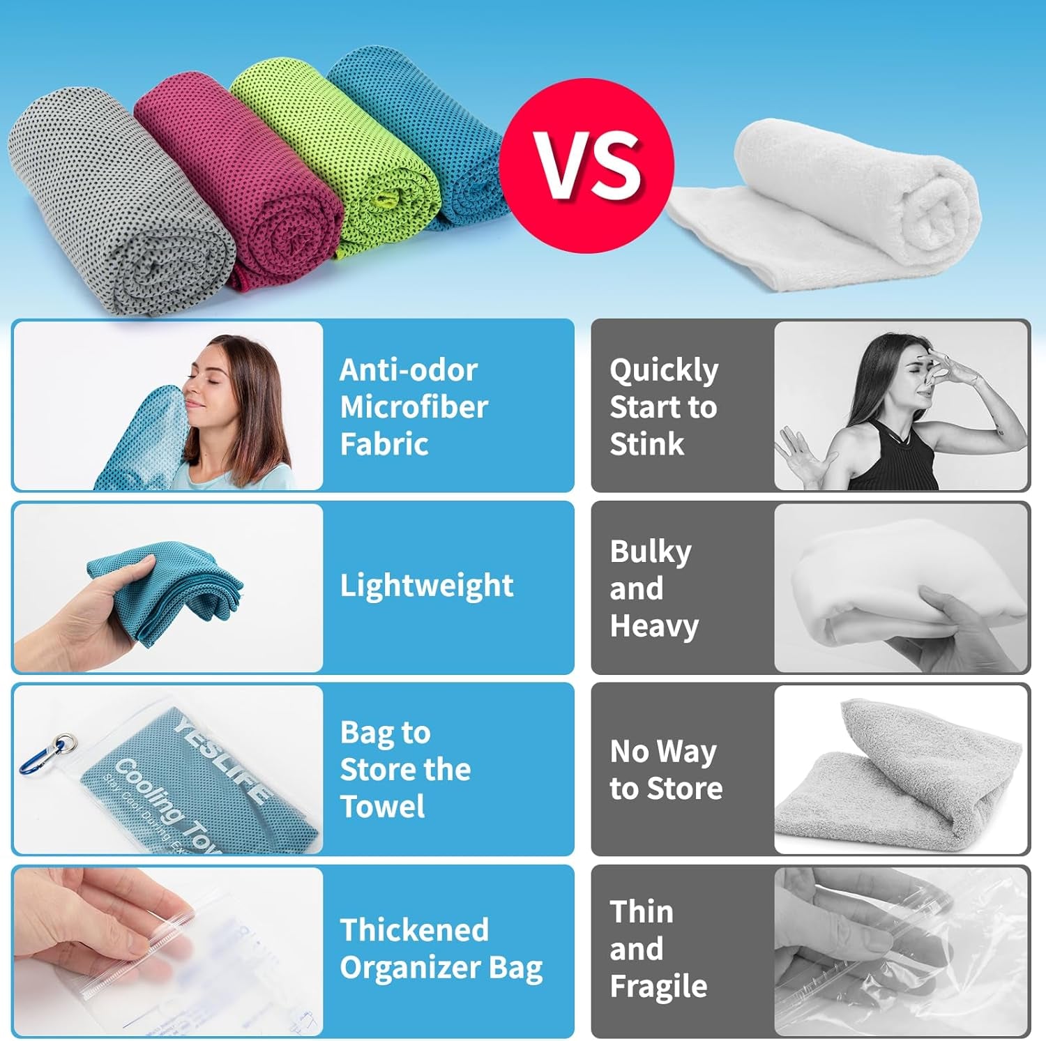 4-Pack Cooling Towels (40" x 12") – Instant Cooling Microfiber Towels