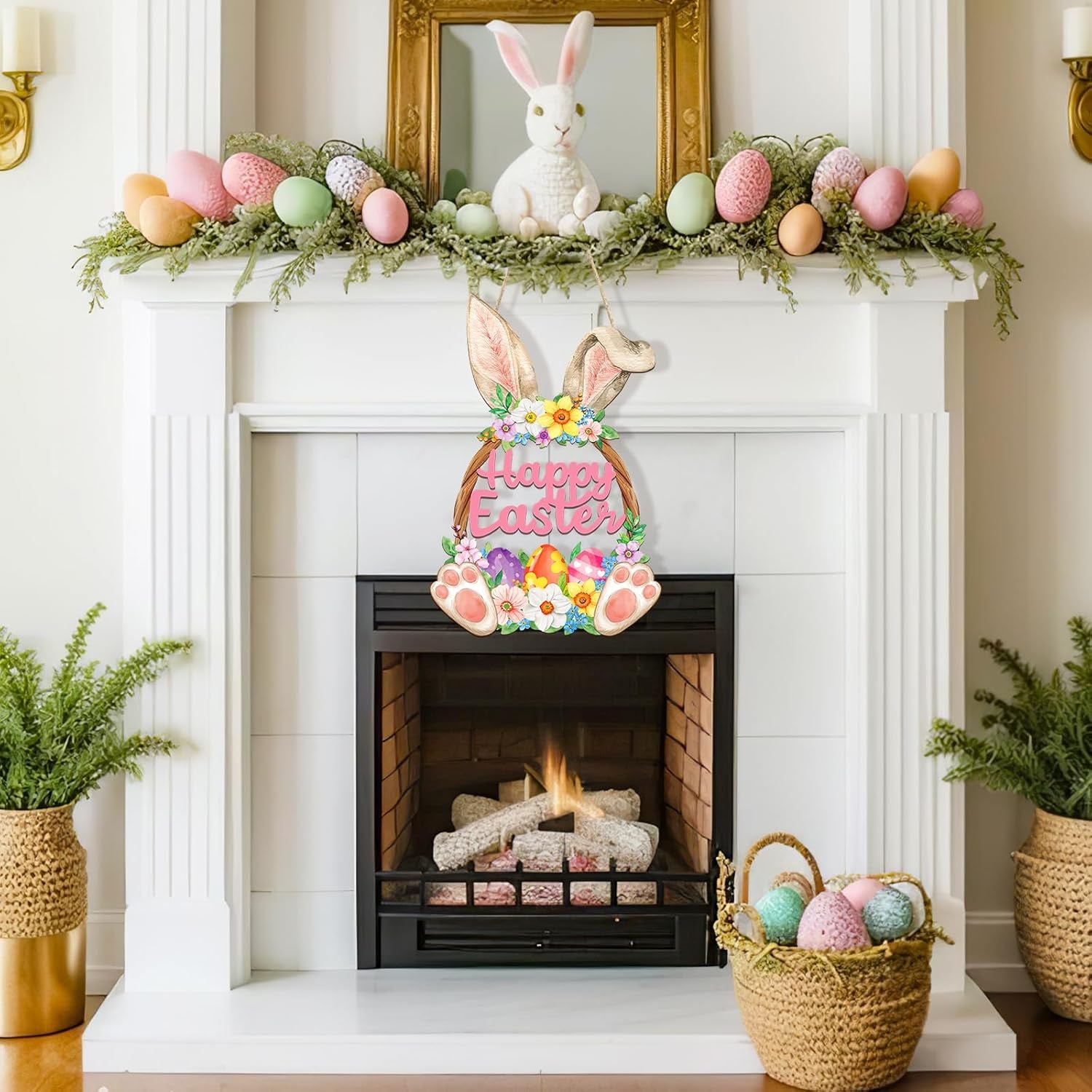 Wooden Easter Hanging Sign, Rustic Hollow-Out Spring Door Decoration, Farmhouse Wall Plaque for Home Entryway Porch Deco