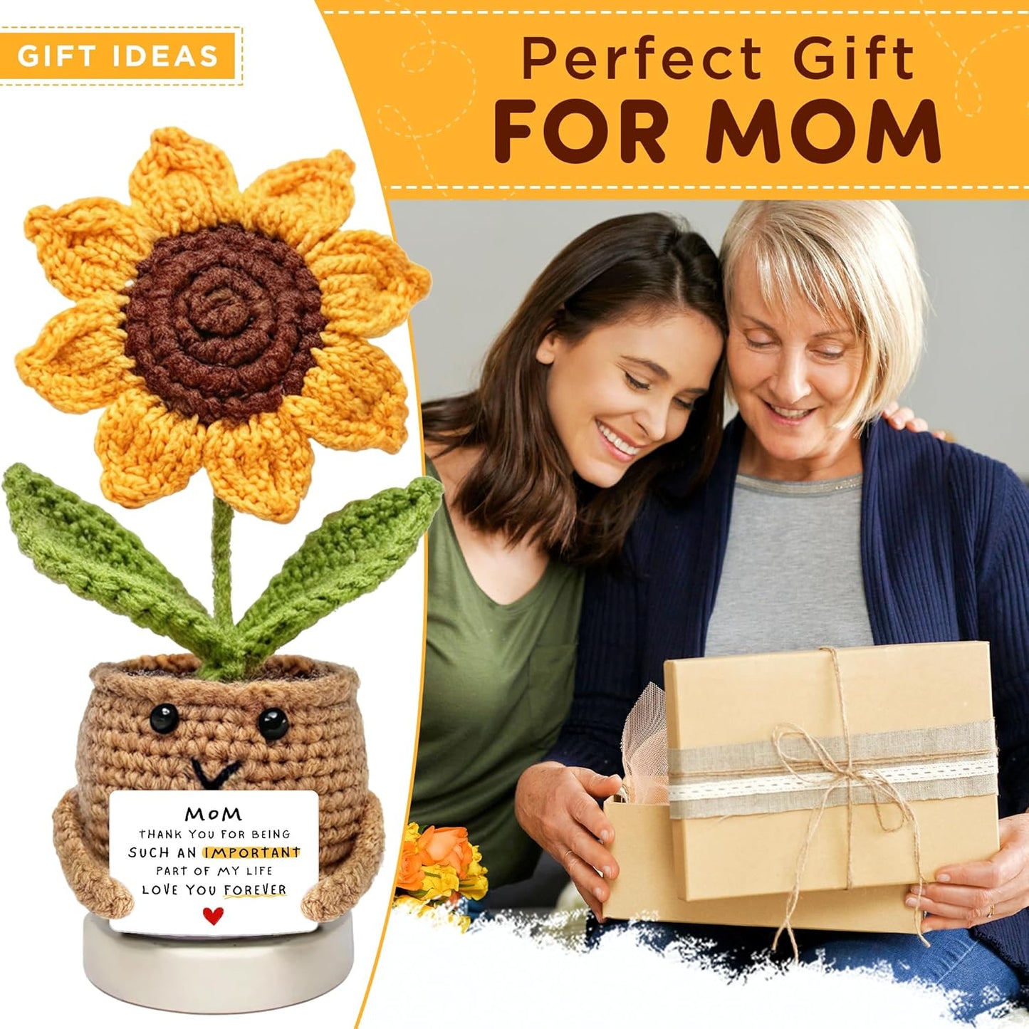 Handmade Crochet Sunflower for Mom – Mother’s Day & Birthday Gifts for Moms from Daughter or Son | Positive Inspirational Plush Flower Keepsake