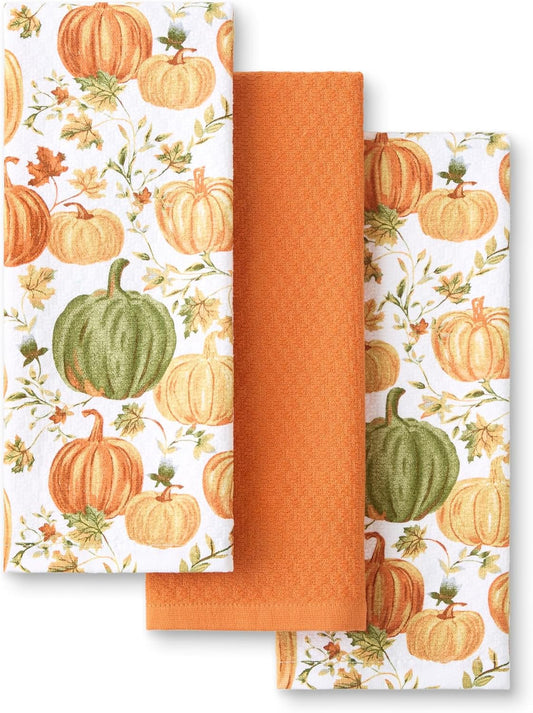 Autumn Harvest Pumpkin Kitchen Towels Set of 3 – 100% Cotton