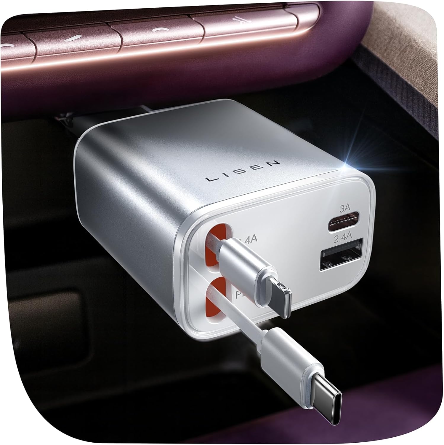 Retractable Car Charger 84W – USB-C Fast Charging Adapter with Retractable Cable, Dual Port Car Accessories for iPhone 17/16/15/14/13/12/11