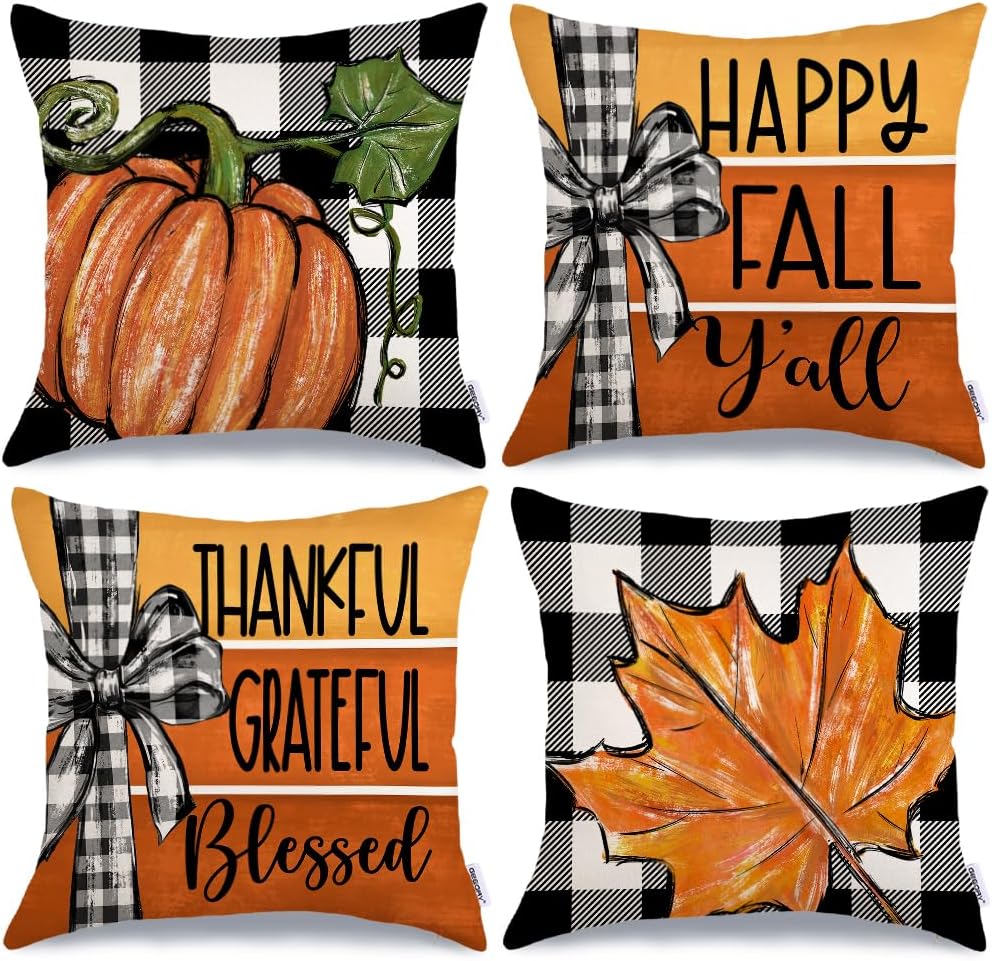 Fall Decorative Pillow Covers Set of 4 – Pumpkin, Thankful & Blessed