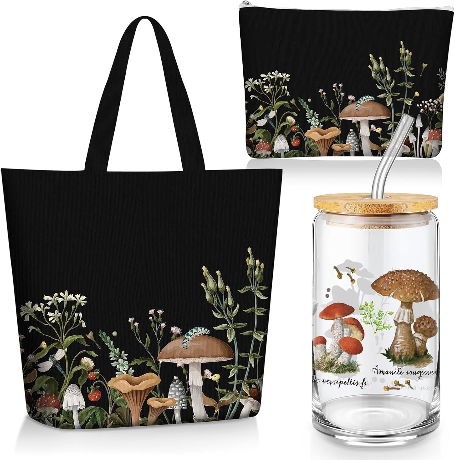 3-Piece Plant Lover Gift Set – Floral Canvas Tote Bag, 16oz Coffee Cup with Straw, and Makeup Bag