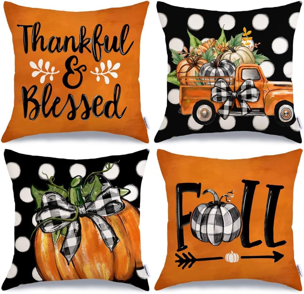 Fall Decorative Pillow Covers Set of 4 – Pumpkin, Thankful & Blessed