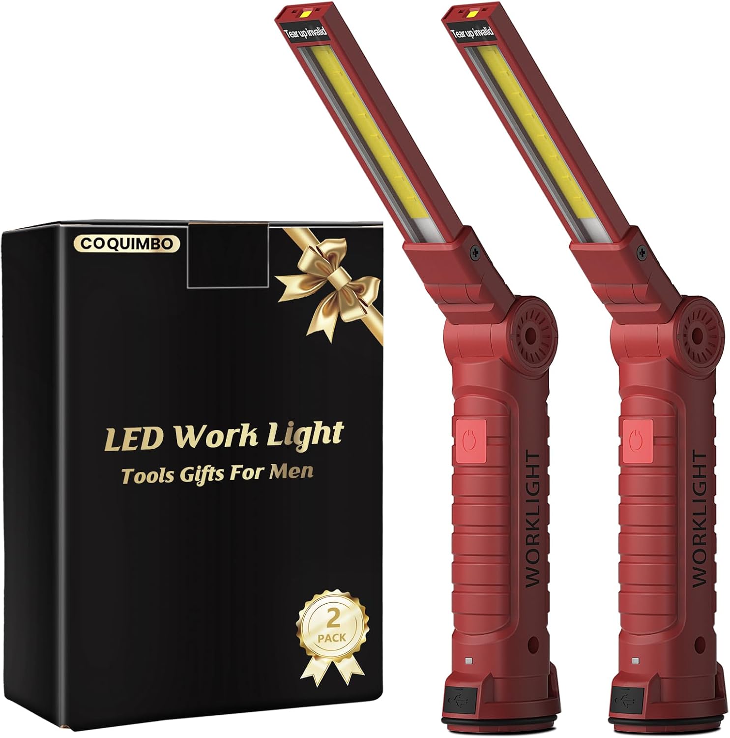 Rechargeable LED Work Light 2-Pack – Magnetic Base and Hook, 360° Rotating Mechanic Flashlight for Garage, BBQ, Automotive and Emergency Use – Gift for Men, Dad, Husband