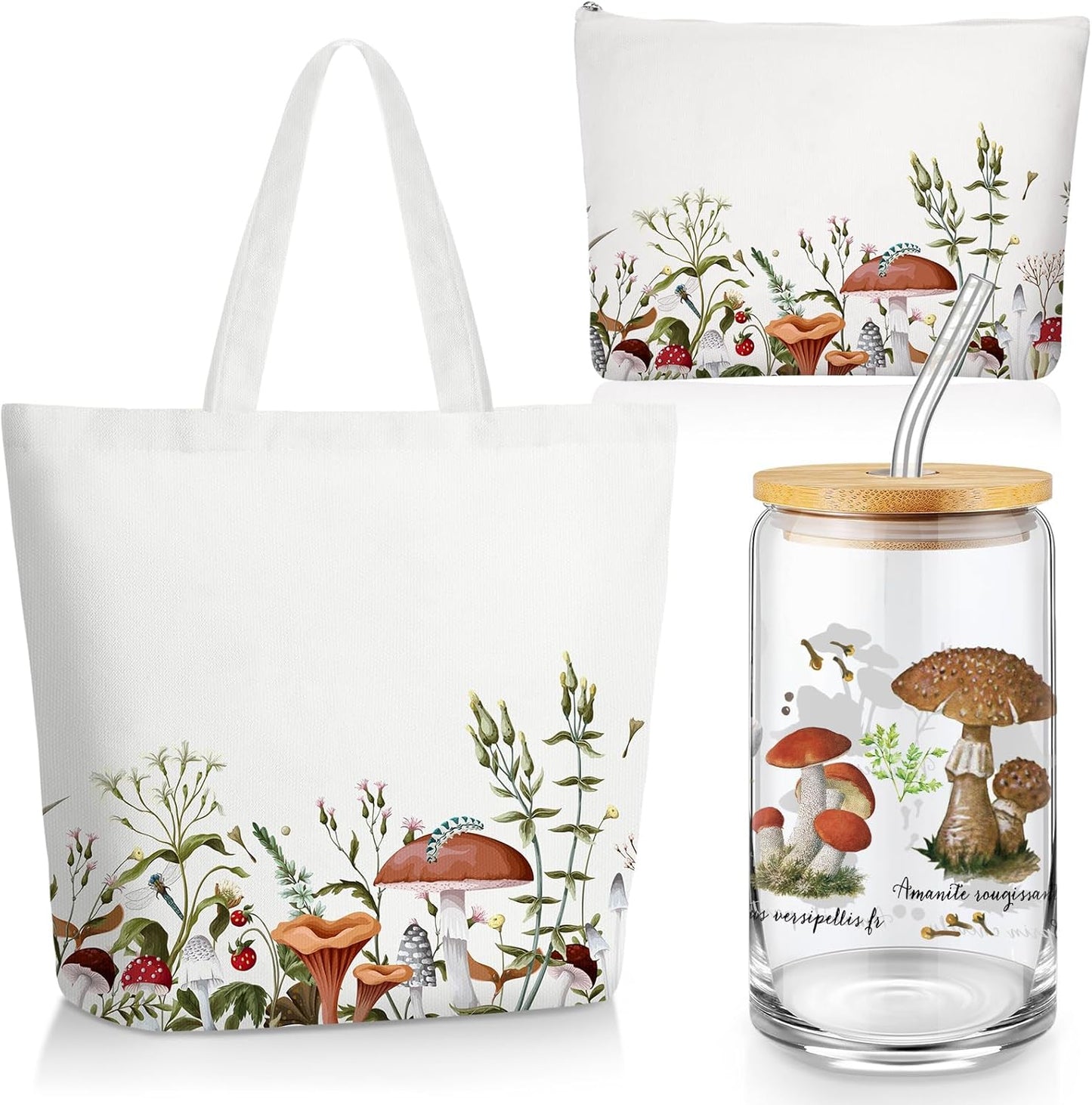 3-Piece Plant Lover Gift Set – Floral Canvas Tote Bag, 16oz Coffee Cup with Straw, and Makeup Bag