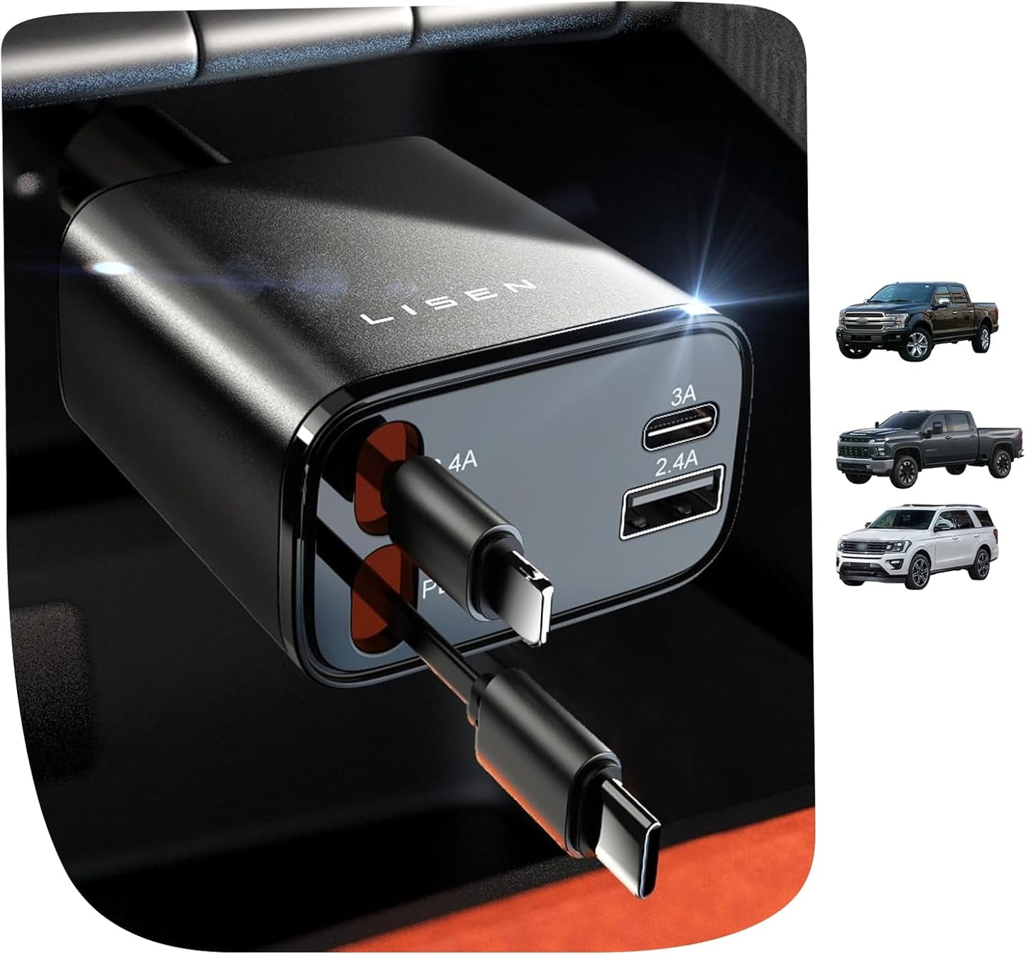 Retractable Car Charger 84W – USB-C Fast Charging Adapter with Retractable Cable, Dual Port Car Accessories for iPhone 17/16/15/14/13/12/11