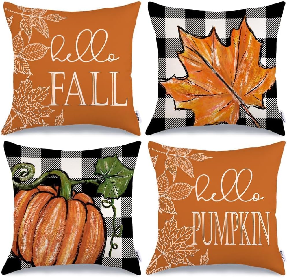 Fall Decorative Pillow Covers Set of 4 – Pumpkin, Thankful & Blessed