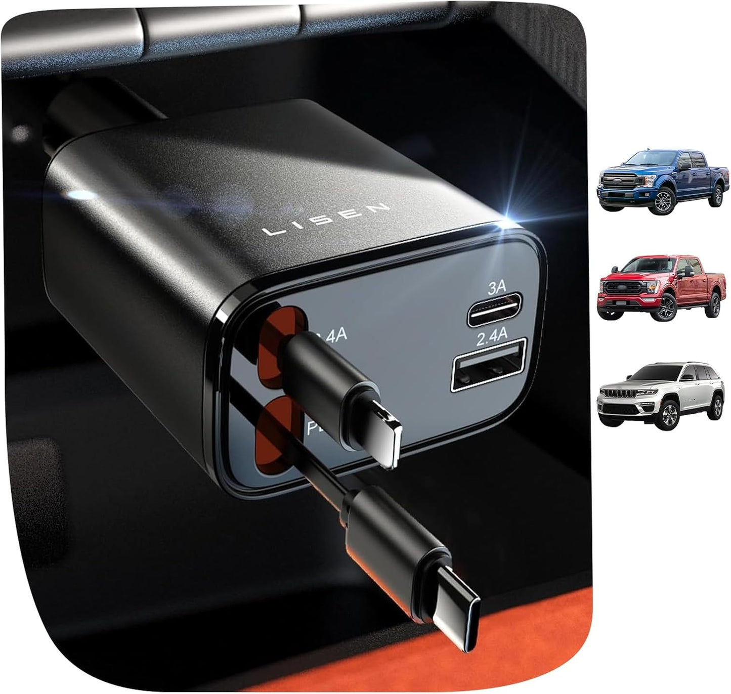 Retractable Car Charger 84W – USB-C Fast Charging Adapter with Retractable Cable, Dual Port Car Accessories for iPhone 17/16/15/14/13/12/11