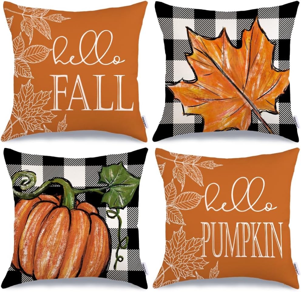 Fall Decorative Pillow Covers Set of 4 – Pumpkin, Thankful & Blessed