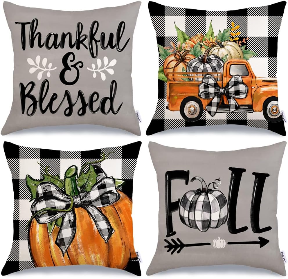 Fall Decorative Pillow Covers Set of 4 – Pumpkin, Thankful & Blessed