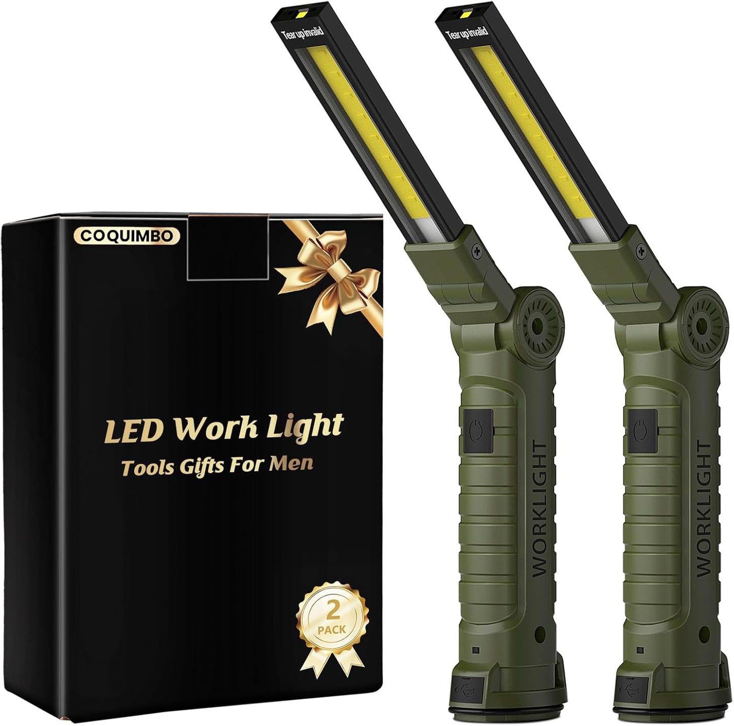 Rechargeable LED Work Light 2-Pack – Magnetic Base and Hook, 360° Rotating Mechanic Flashlight for Garage, BBQ, Automotive and Emergency Use – Gift for Men, Dad, Husband