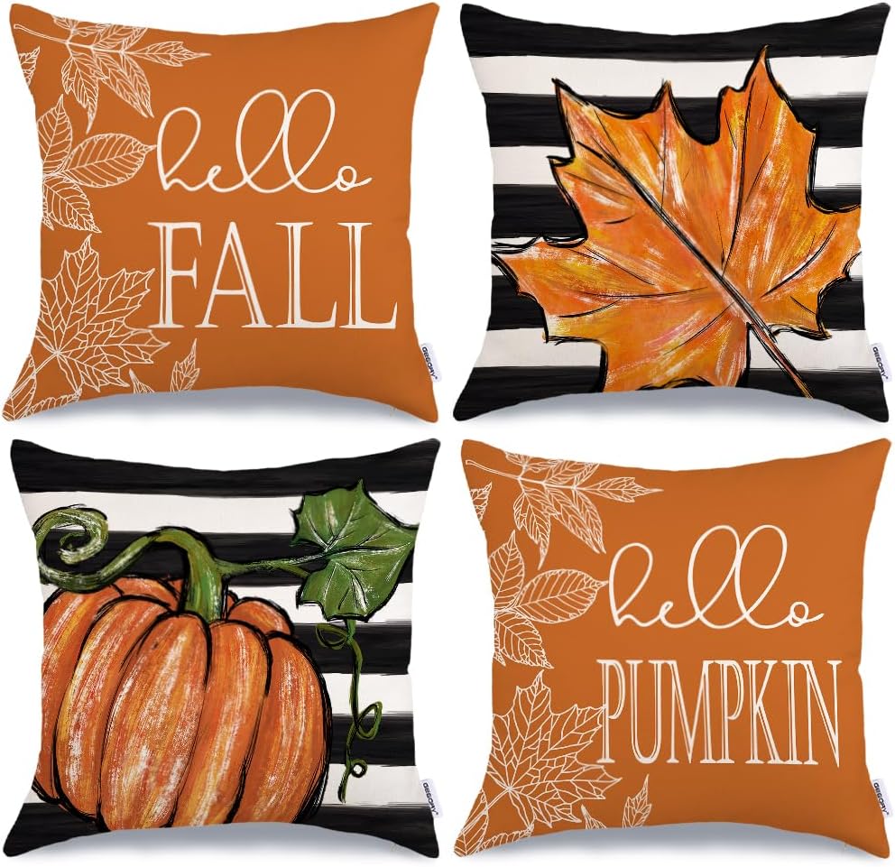 Fall Decorative Pillow Covers Set of 4 – Pumpkin, Thankful & Blessed