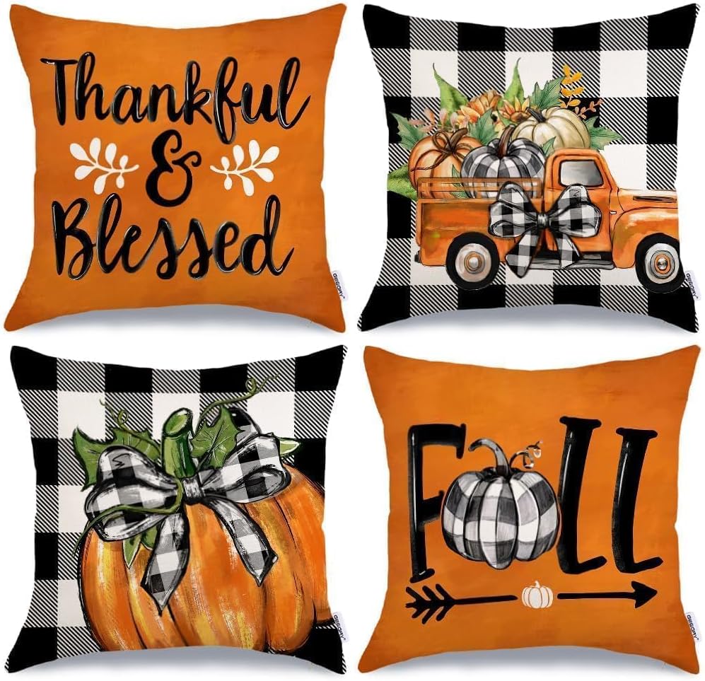 Fall Decorative Pillow Covers Set of 4 – Pumpkin, Thankful & Blessed