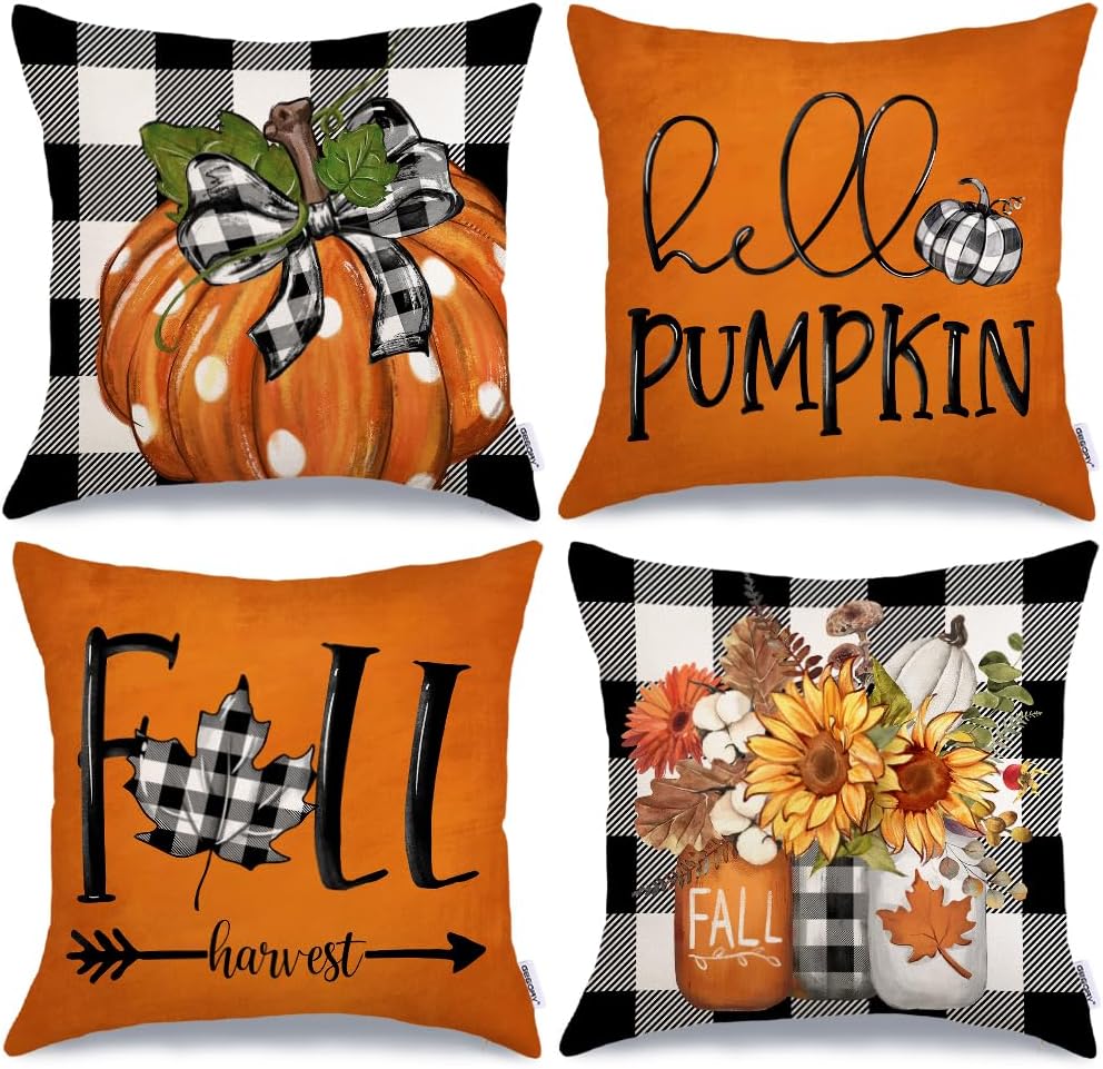 Fall Decorative Pillow Covers Set of 4 – Pumpkin, Thankful & Blessed