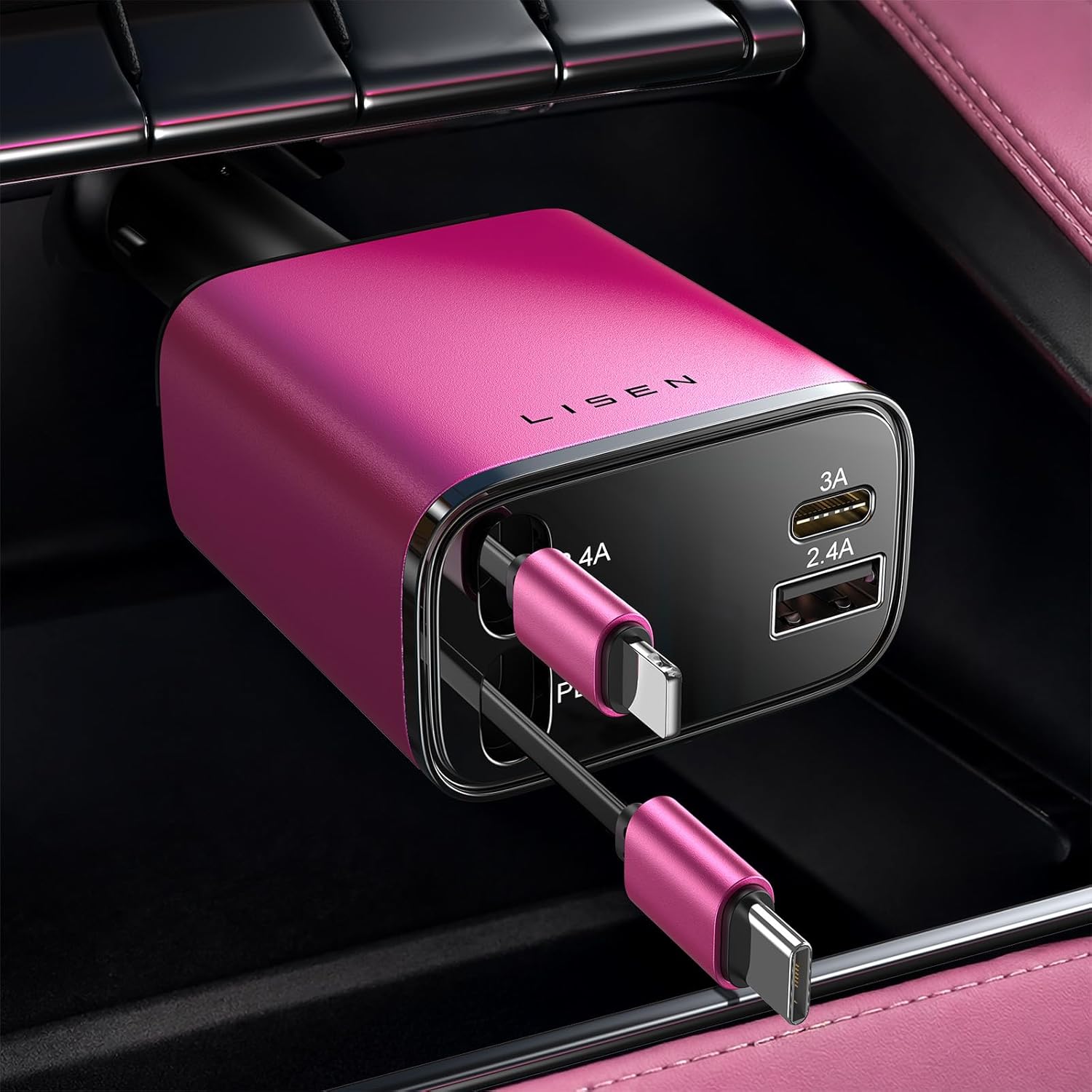 Retractable Car Charger 84W – USB-C Fast Charging Adapter with Retractable Cable, Dual Port Car Accessories for iPhone 17/16/15/14/13/12/11
