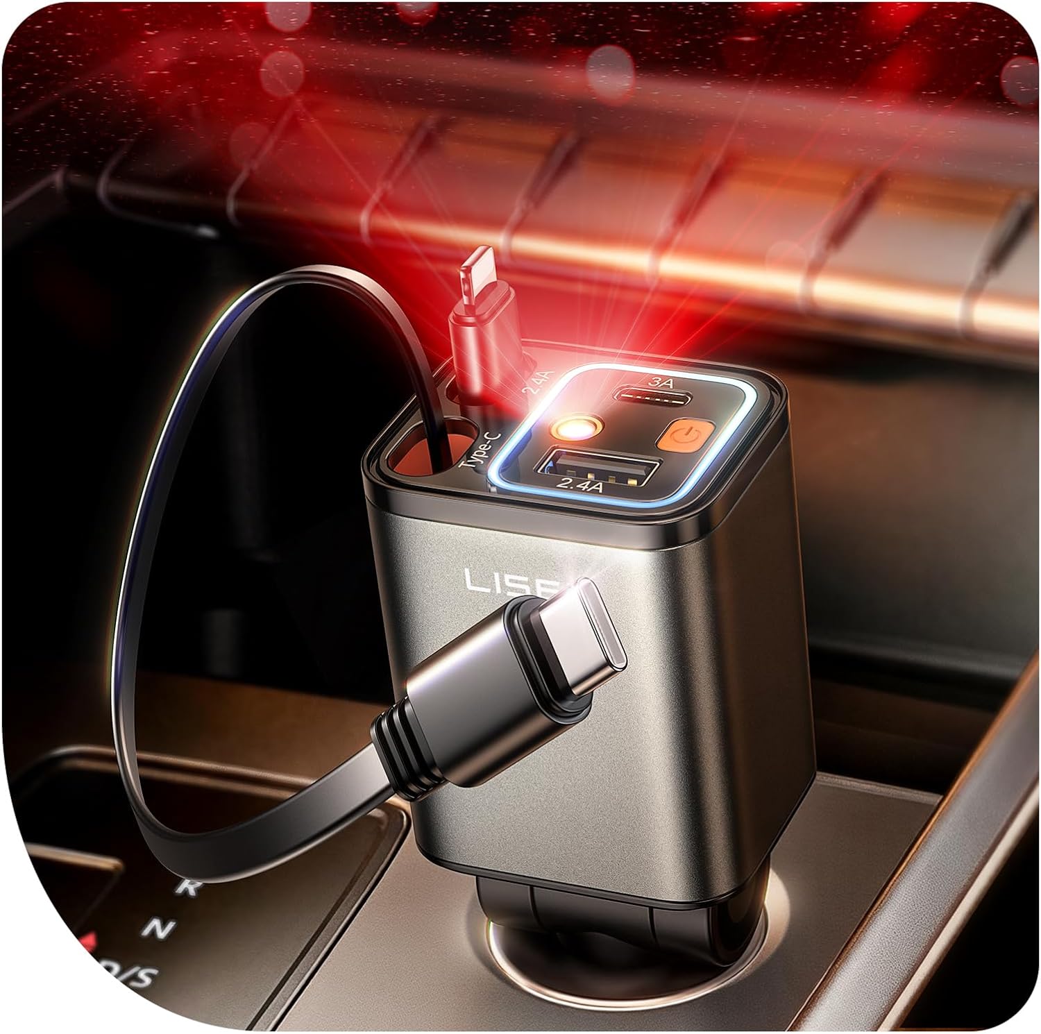 Retractable Car Charger 84W – USB-C Fast Charging Adapter with Retractable Cable, Dual Port Car Accessories for iPhone 17/16/15/14/13/12/11