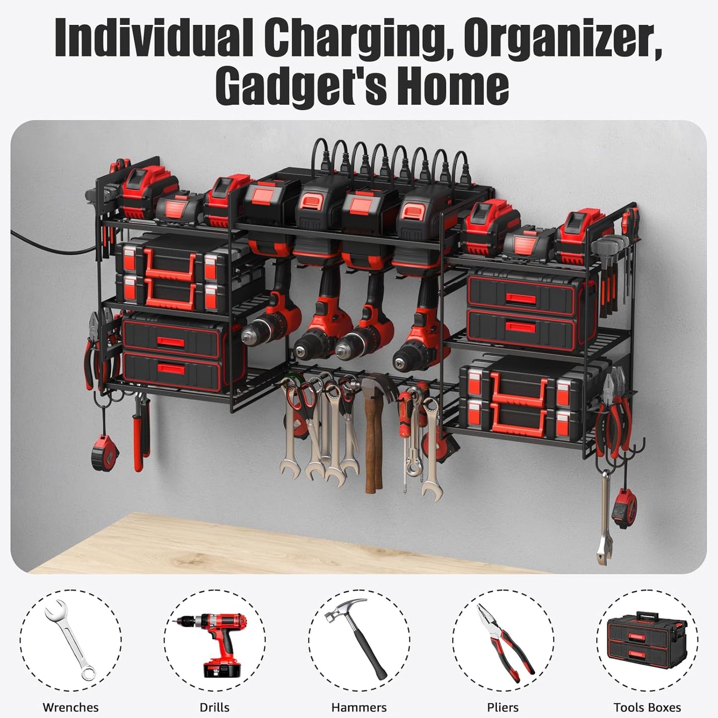 CCCEI Wall Mounted Power Tool Organizer – Heavy-Duty Garage Storage Rack with Charging Station, Power Strip with Individual Switches, Drill and Battery Holder Shelf