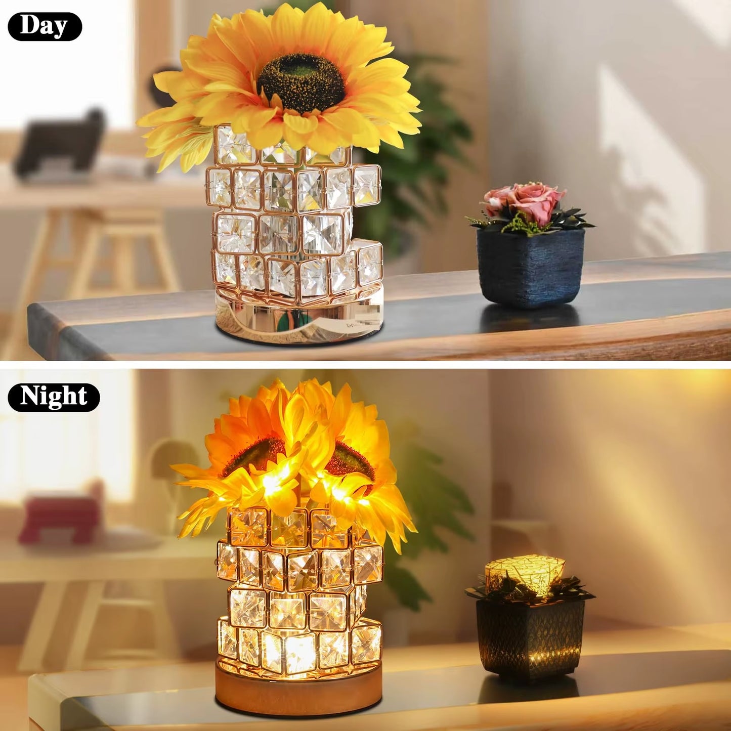 Nightstand Table Lamp Rechargeable Bedroom Bedside Decorative Lamp Crystal Flower Rose for Girl Valentine'S Day Birthday Gift
