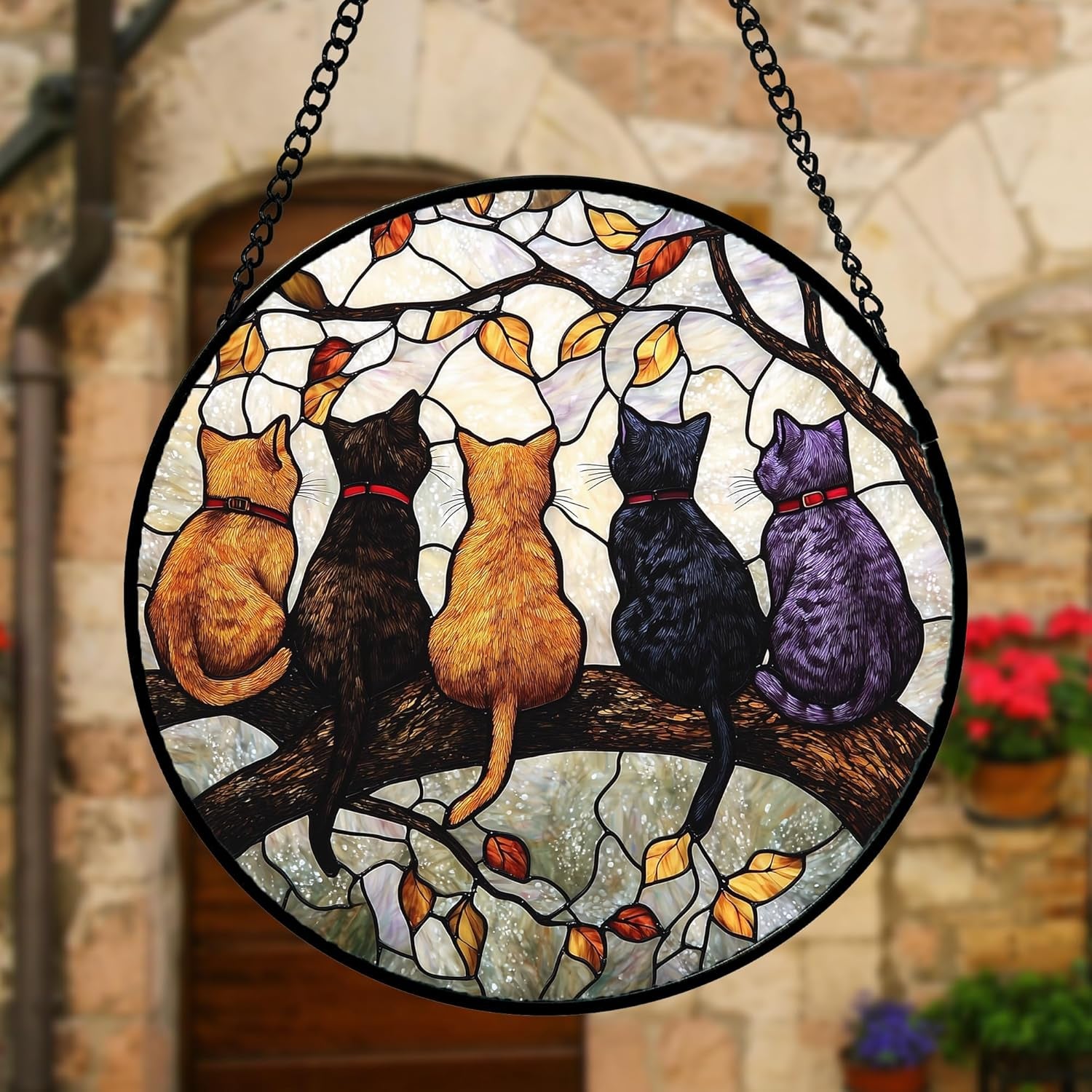 Stained Glass Cat Suncatcher – 5 Cats on a Branch Window Hanging, Home Decor Gift