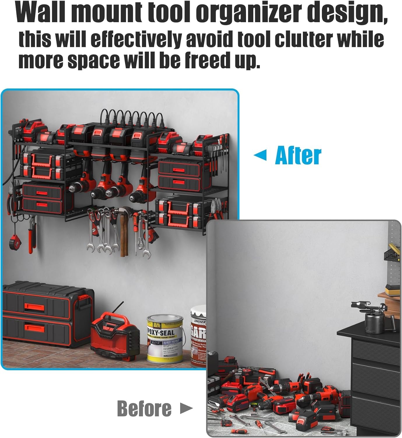 CCCEI Wall Mounted Power Tool Organizer – Heavy-Duty Garage Storage Rack with Charging Station, Power Strip with Individual Switches, Drill and Battery Holder Shelf