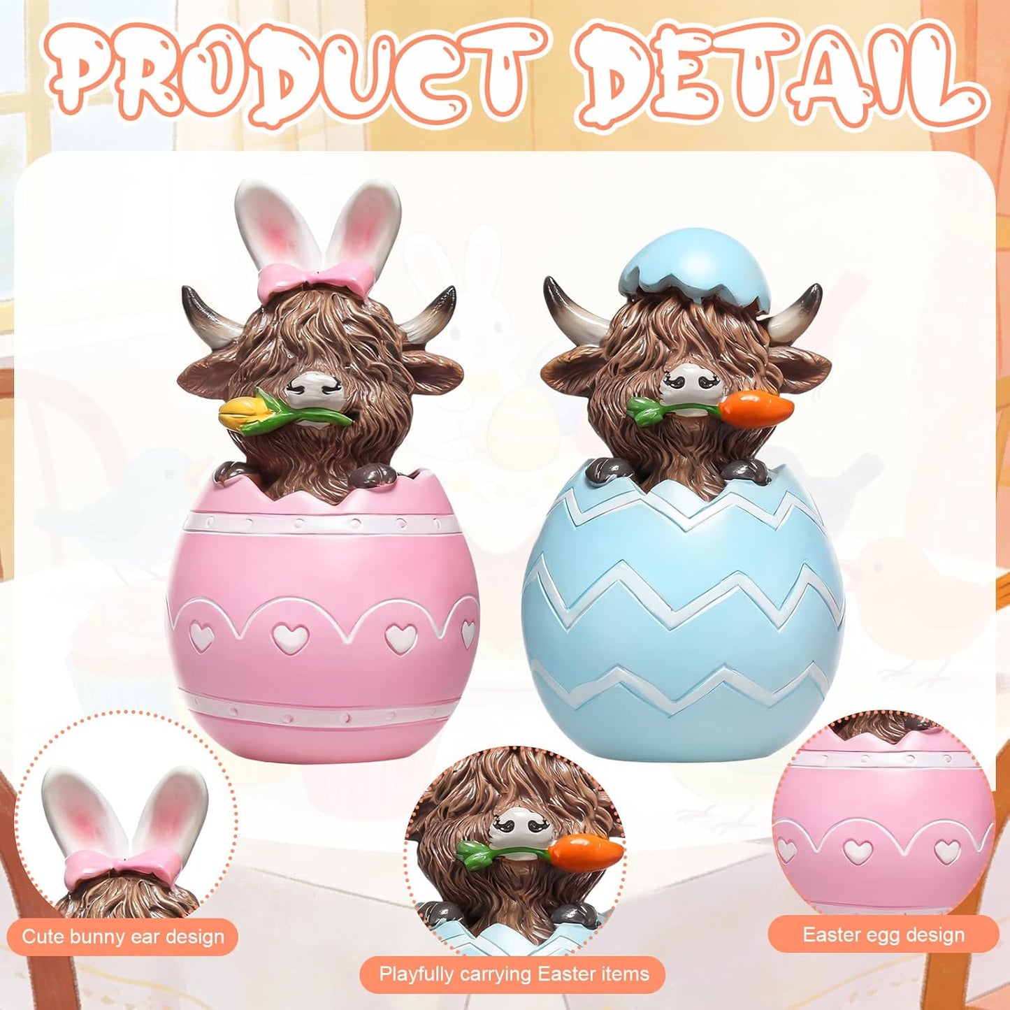 2 Pcs Easter Highland Cow Figurines – Bunny Cow Spring Tiered Tray Decor