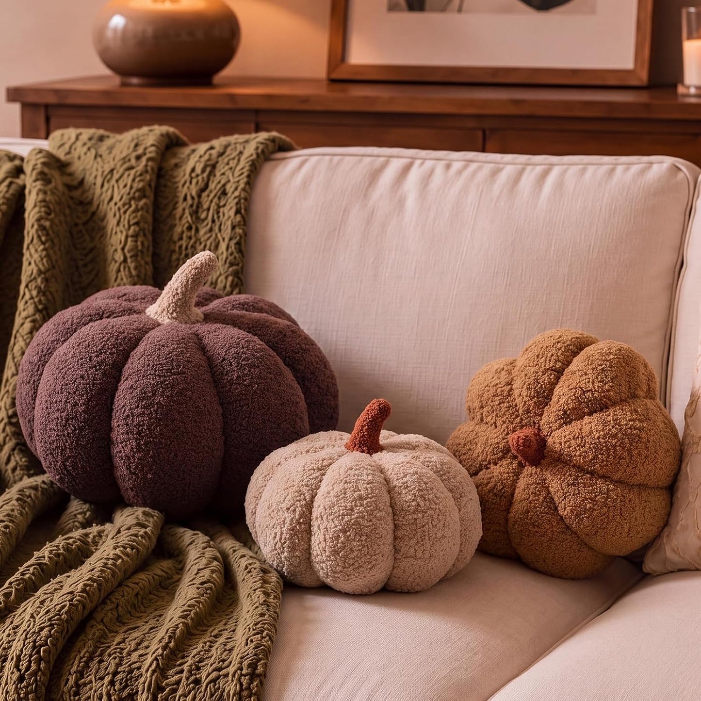 Stuffed Pumpkin Pillows Set of 3 – Soft Plush Fall Decorative Cushions