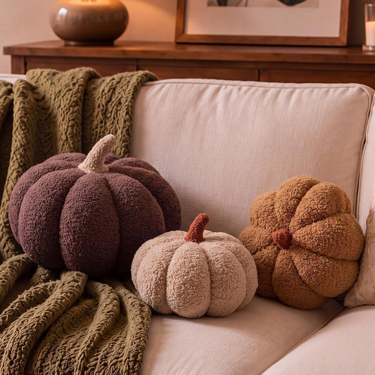 Stuffed Pumpkin Pillows Set of 3 – Soft Plush Fall Decorative Cushions