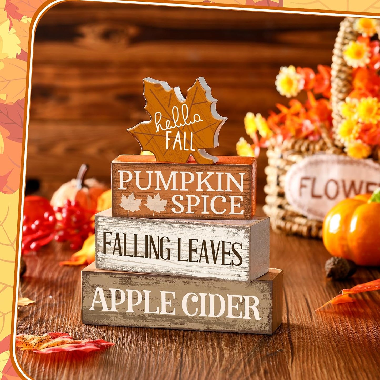 Fall Wooden Maple Leaf Decorations Set of 4 – Rustic Autumn Tiered Tray Decor