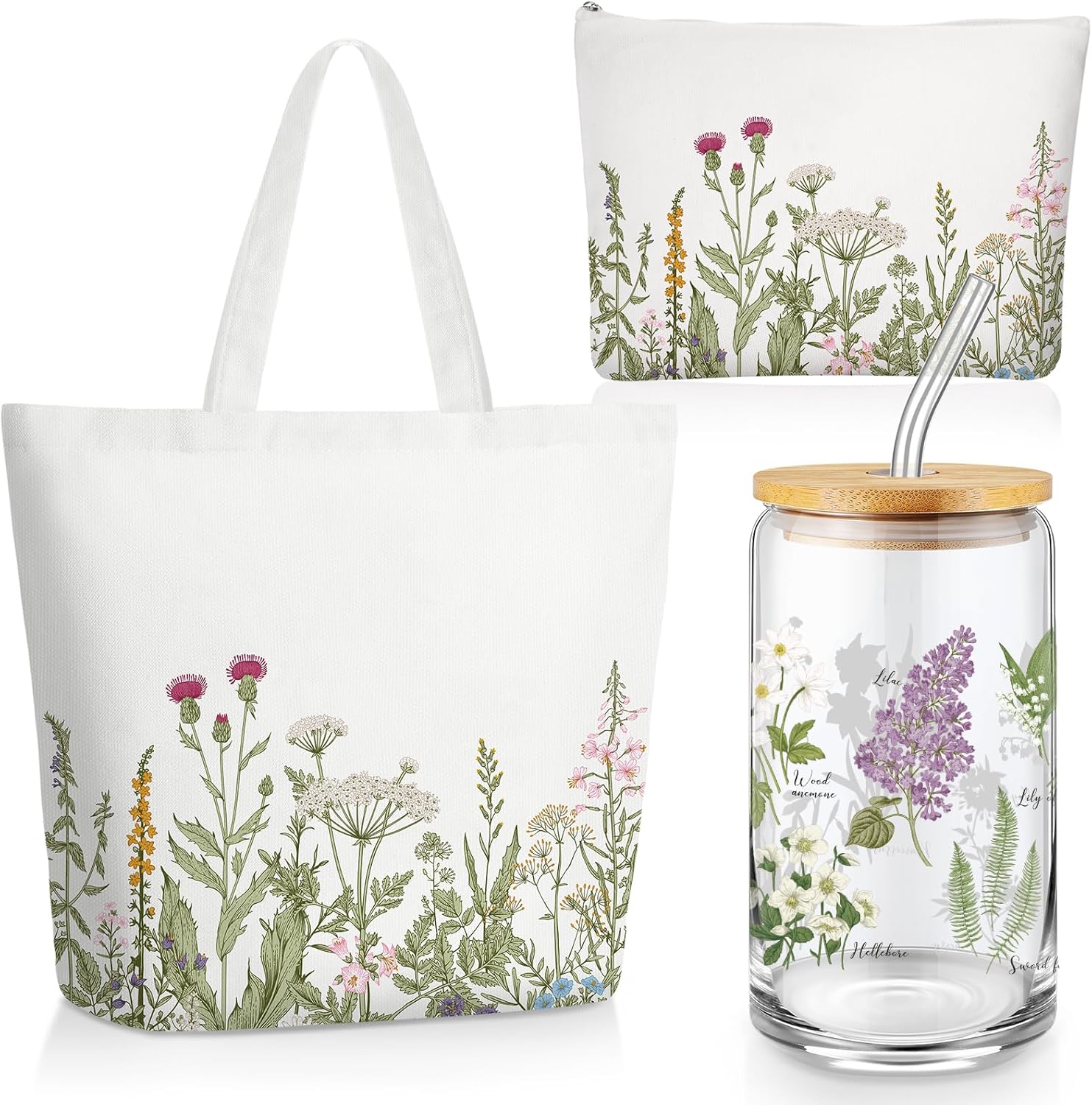 3-Piece Plant Lover Gift Set – Floral Canvas Tote Bag, 16oz Coffee Cup with Straw, and Makeup Bag