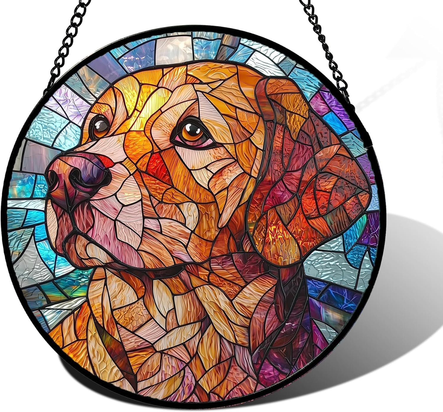 Stained Glass Dog Suncatcher – Colorful Abstract Window Hanging, Decorative Glass Panel Gift 6.3 In