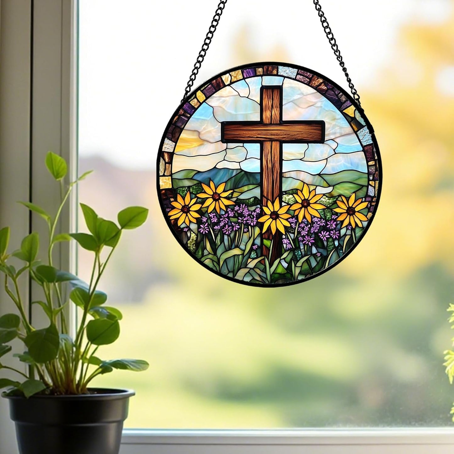 Christian Cross Stained Glass Sun Catcher – Religious Gifts for Women, Mom & Grandma | Easter & Mother’s Day Hanging Window Decor with Yellow Purple Wildflowers
