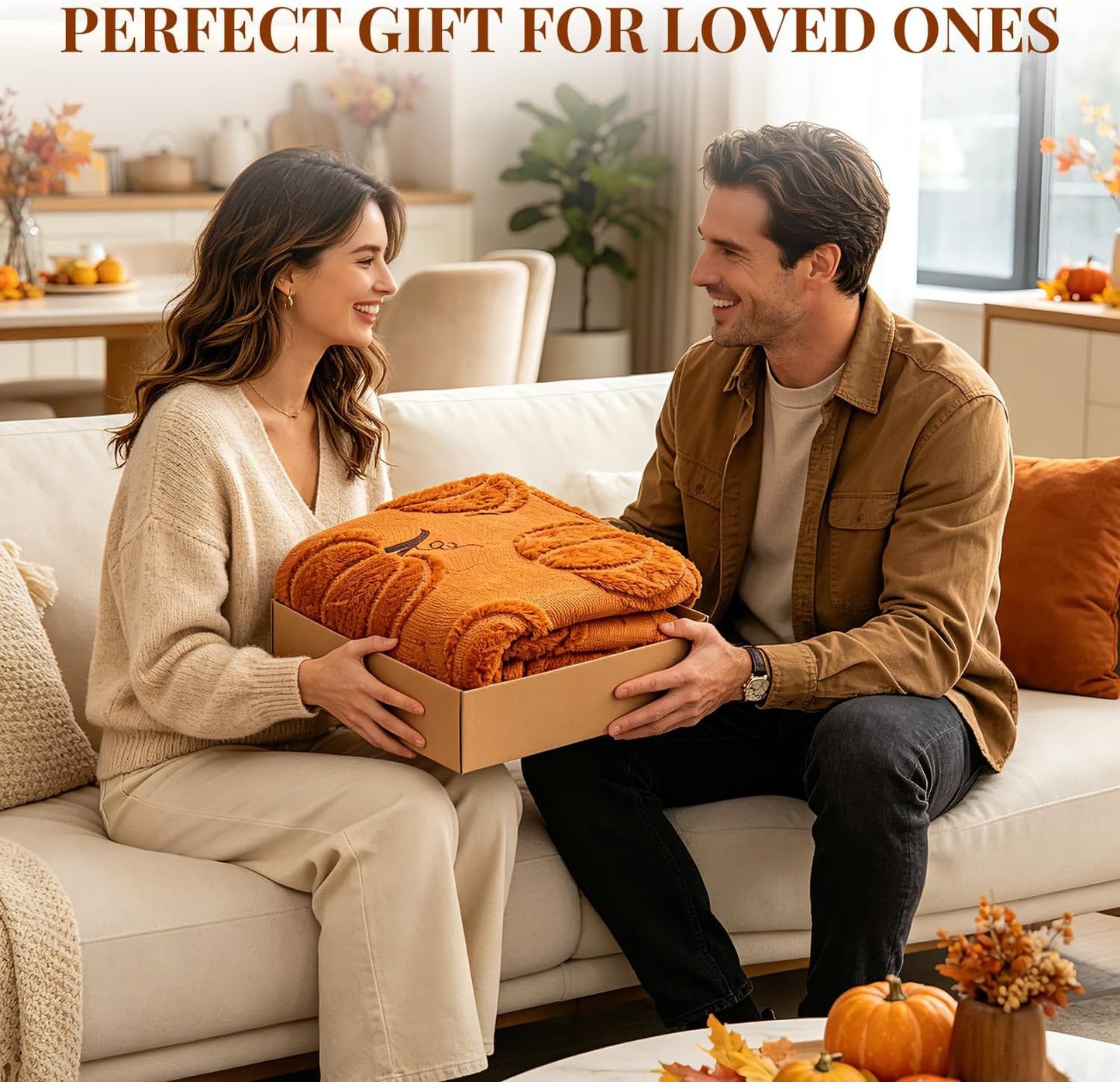 Fall Pumpkin Throw Blanket – 50 x 60 Inch Ultra Soft Sherpa Fleece & Faux Wool Blanket